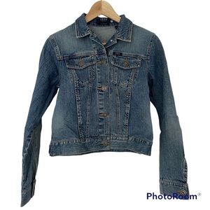 IZOD BLUE LIGHT WASH STRETCH DENIM JACKET, PETITE SMALL